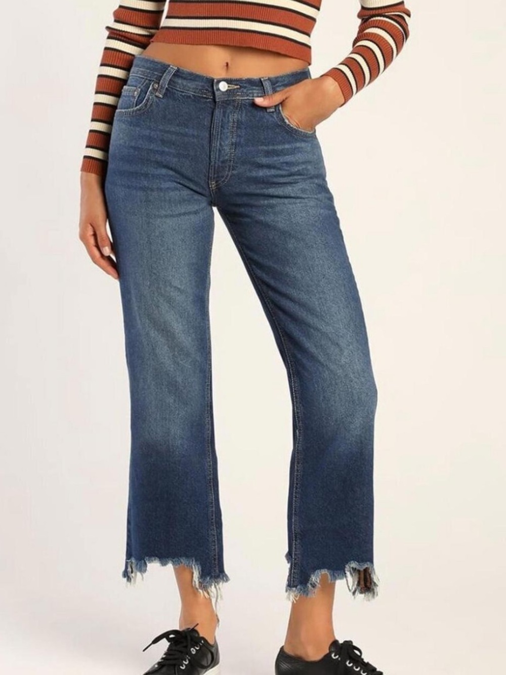 Free People Maggie Mid Rise Straight Leg Jean Button Fly Chewed Hem Womens 26